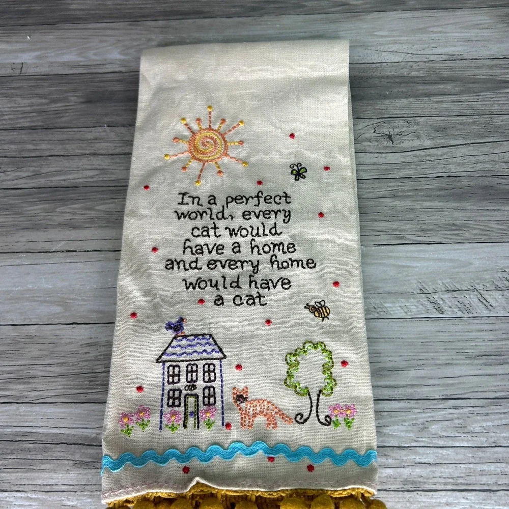 Natural Life Tea Dish Towel Embroidered Boho Cat Lover Gift